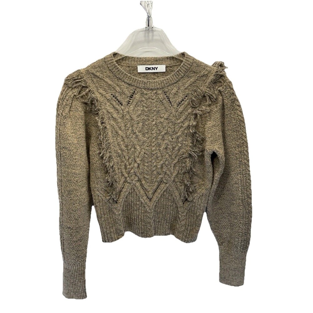 DKNY Small Fringed Cable Knit Sweater Wool Blend Truffle Heather Small